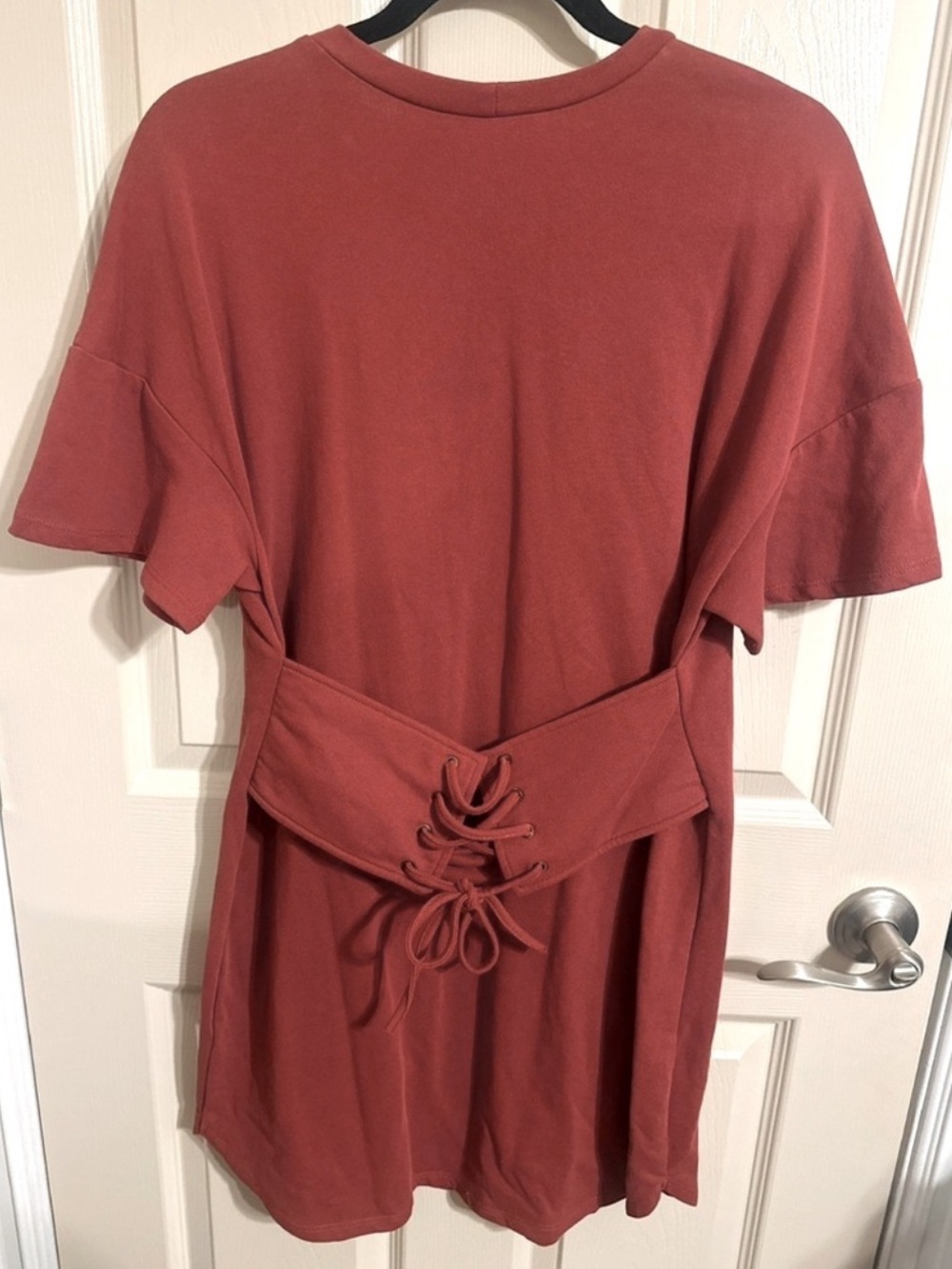 Soprano Cotton Tie Corset Waist Front/Back Short Sleeve Mini Dress, Rust, Sz M